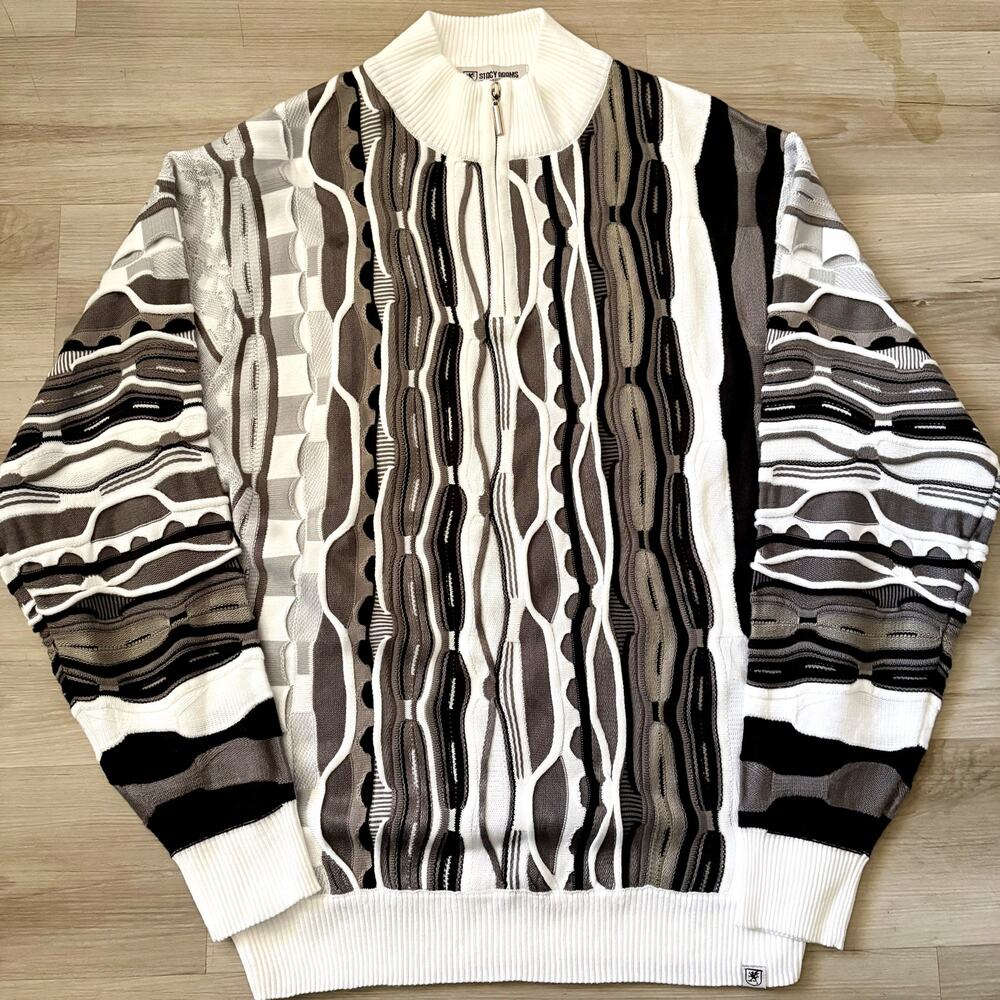 Stacy Adam’s 1/4 Zip Coogi Style White and Black 3D Knit Pull Over Sweater Sz L